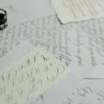 A detailed view of intricate calligraphy writing on white sheets with ink bottle.